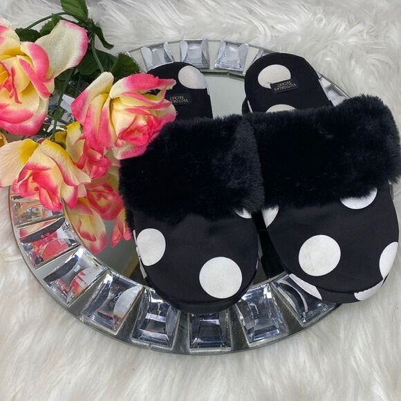 Victoria’s Secret Black Satin Slippers W Large White Polka Dot & Black F… - Picture 1 of 5